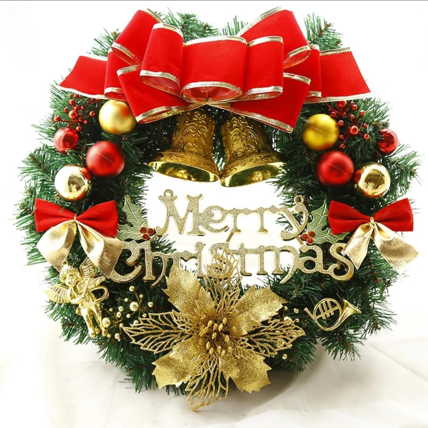 Artificial Christmas Wreath with Merry Christmas Sign β Pine Wreath with Red Bow, Ornaments & Gold Flowers for Front Door, Wall & Holiday Decorations