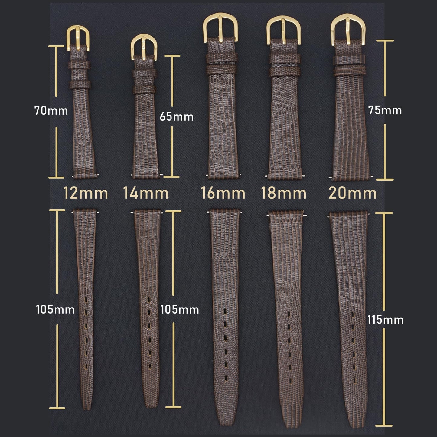 AMHUGE Lizard Grain Watch Strap Black and Brown Calf Genuine Leather 12mm 14mm 16mm 18mm 19mm 20mm 21mm Watchband Thin Soft Watch Band For Woman or Man (Brown(Gold Buckle), 18mm)