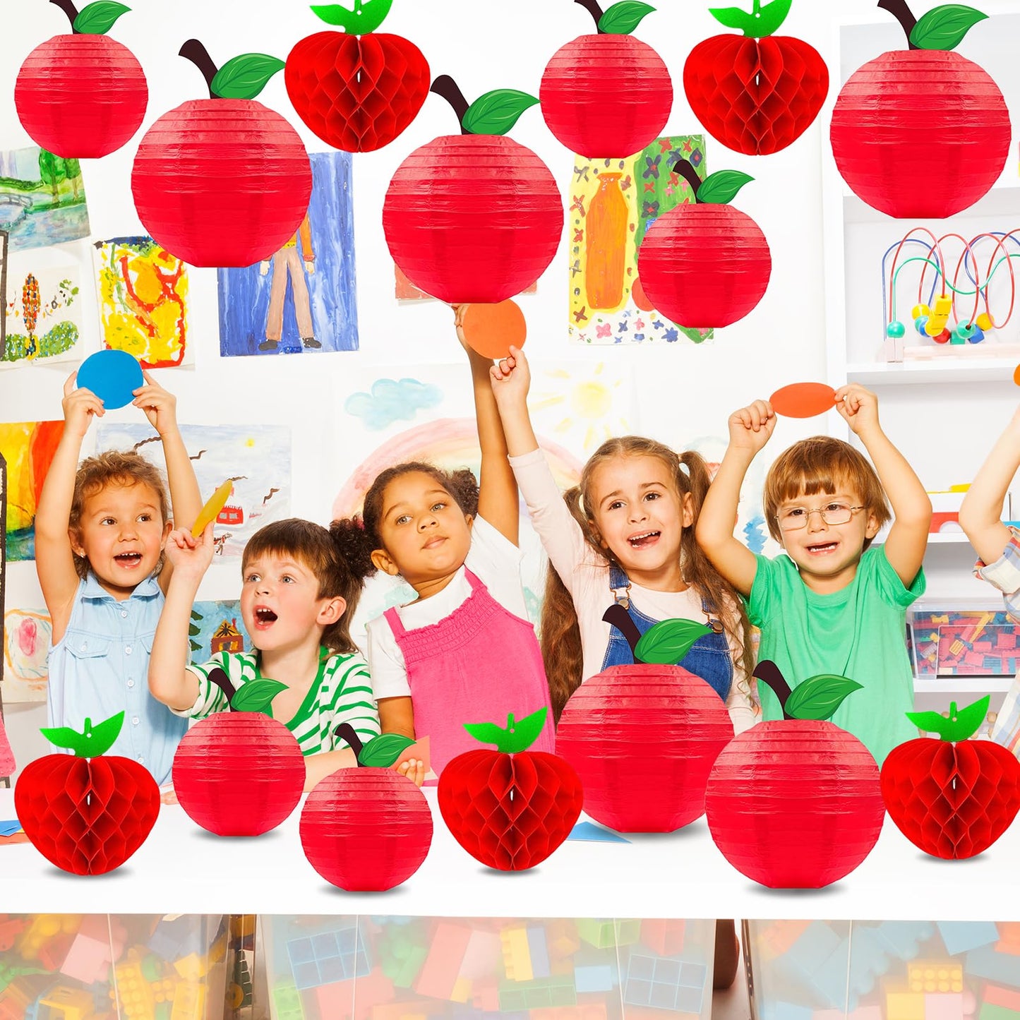 15Pcs Red Apple Paper Lanterns, Apple Decor Hanging Decorations Classroom Home Office Birthday & Fruit Themed Parties