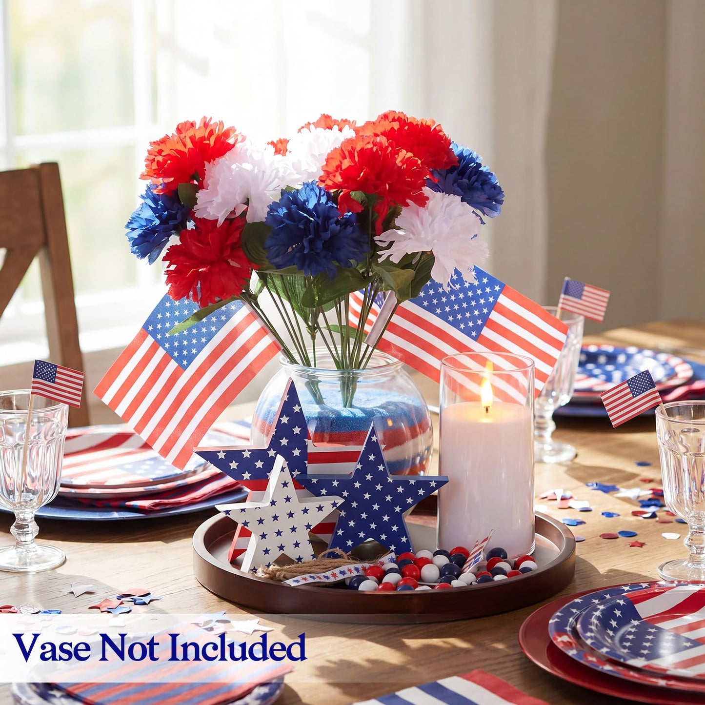 4th of July Decorations Centerpiece Table Decor, 250th Anniversary Patriotic Red White Blue Flowers with Mini Flags, Wooden Stars, Tray, LED Candle Bead Garland for Independence Day Party Home Decor