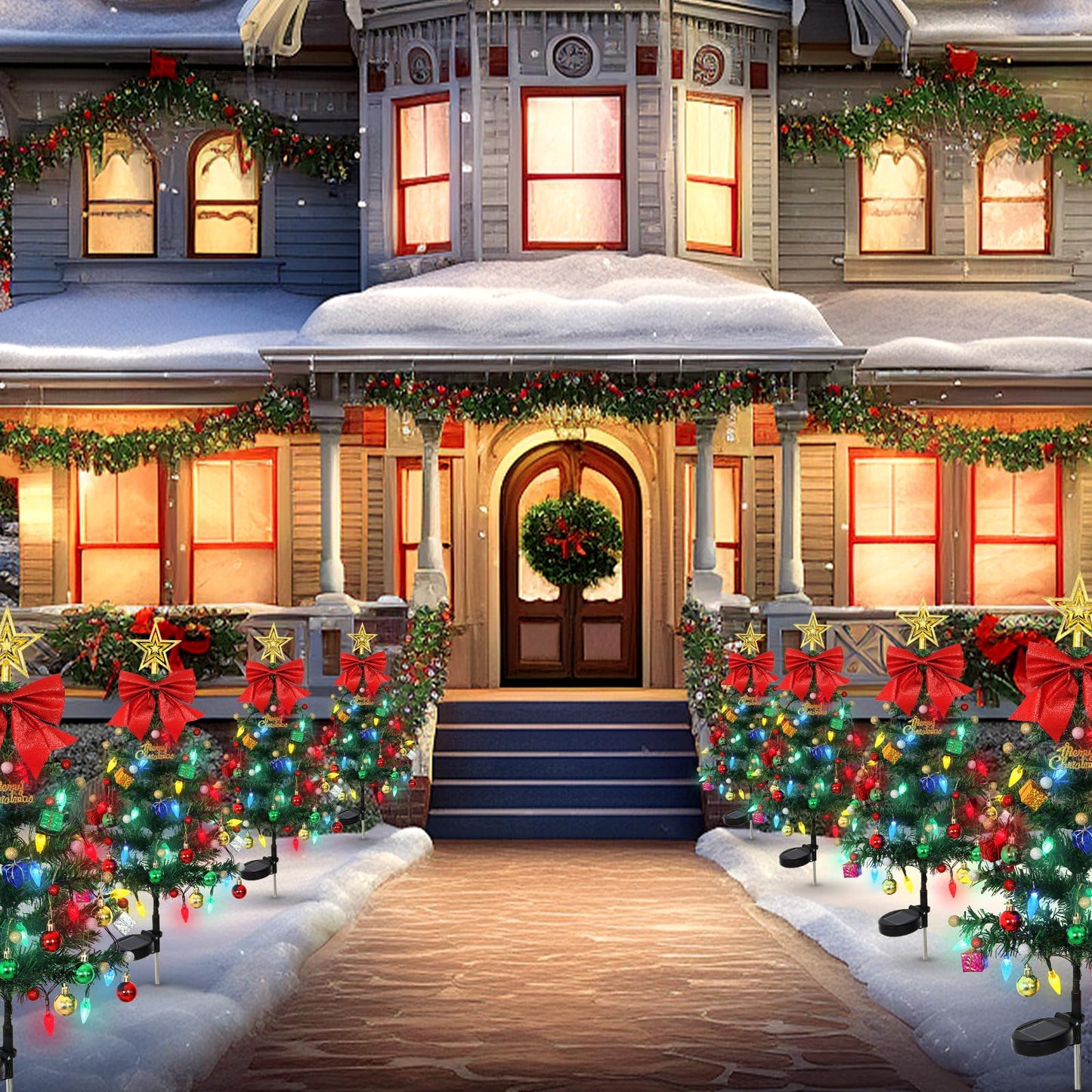LOMOHOO 2 Packs Solar Christmas Tree 35.8in Outdoor Prelit Lighted Christmas Tree 2 Flashing Modes Solar Xmas Trees with 40 LED Lights for Holiday Porch Yard Garden Patio Cemetery Pathway