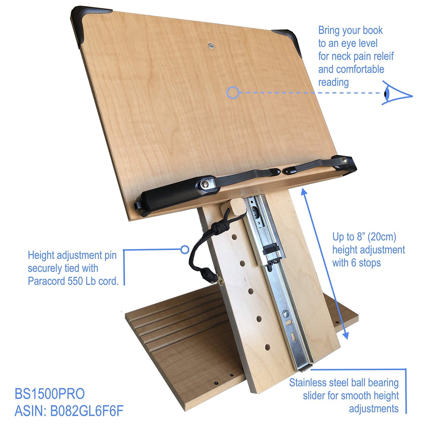 A+ Book Stand BS1500PRO Large Portable Height Adjustable Foldable Eye-Level Ergonomic Bookstand Holder for Reading Hands Free Large Thick Heavy College Textbooks Tablets Neck Pain Free