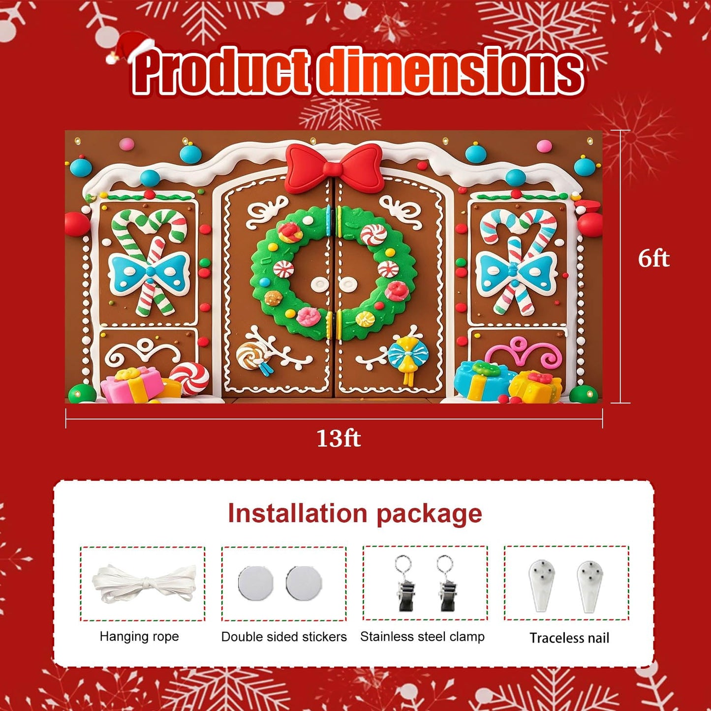 HOMETITUTE Christmas Garage Door Banner 13x6ft Gingerbread House Double Door Cover Candy Cane Backdrop Holiday Party Scene Winter Indoor Outdoor Sweet Wall Hanging Festive Gift Box Season