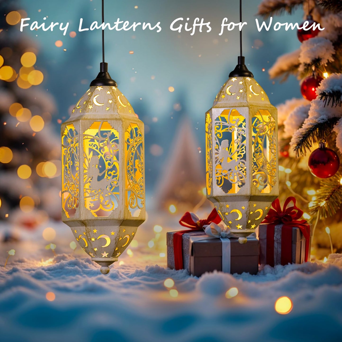 Big Outdoor Solar Lanterns Waterproof Garden Gifts for Women Mom Fairy Moon 12.4‘’ Metal Garden Lanterns Hanging Light for Patio Backyard Decorations, Mothers Day Birthday Gifts (Gold White,2Pack)