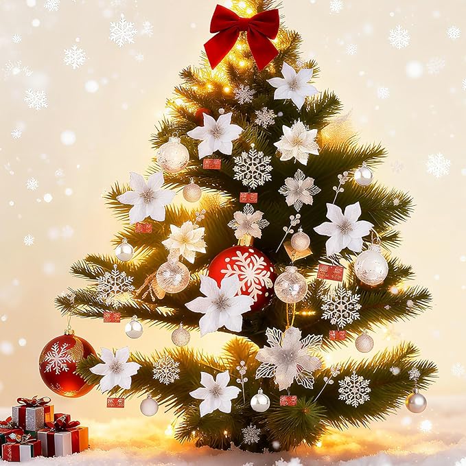 76Pcs Christmas Tree Decorations Set, Silver Assorted Ornaments with Large Shatterproof Plastic Balls, Star Tree Topper, Glitter Berries Stems, Ribbon for Indoor Garland Home Holiday Wedding Decor