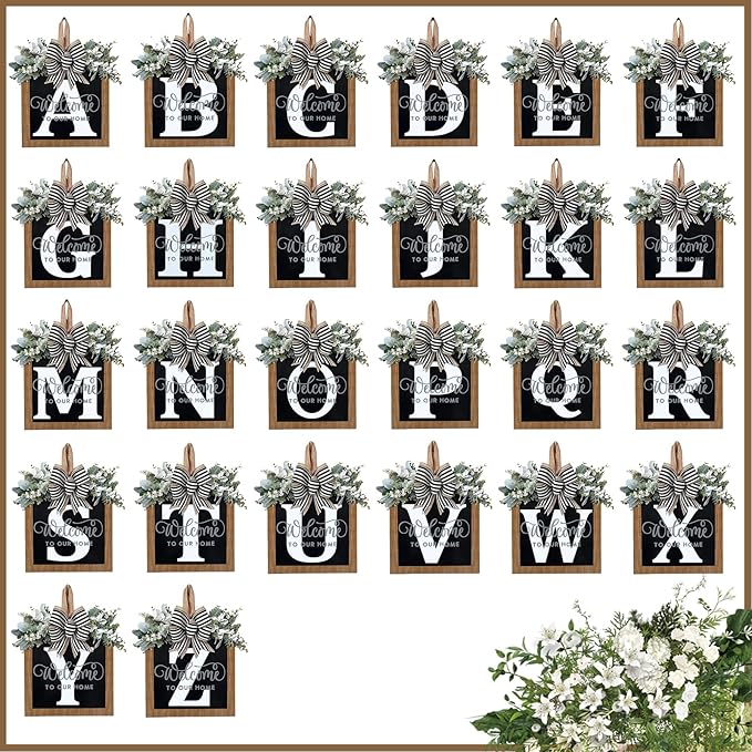 Ultra Large 14'' Last Name All Year Round Front Door Wreath with 26 Initial Letter Welcome Sign All Seasons Eucalyptus Garland and Bow Wreaths for Front Door Porch Farmhouse Decoration (O)