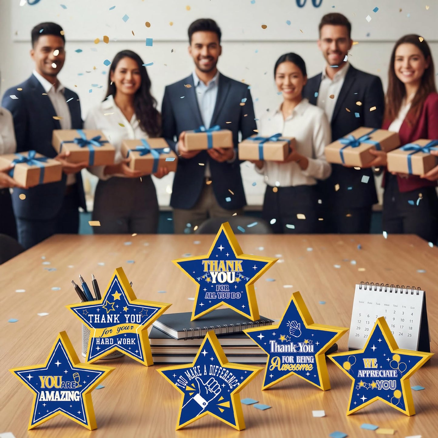 6 Pcs Employee Appreciation Wooden Star Table Sign Blue Gold Employee Appreciation Decorations Thank You Wooden Table Sign Centerpieces for CNA Surgical Technologists Week Team Staff Awards Gifts
