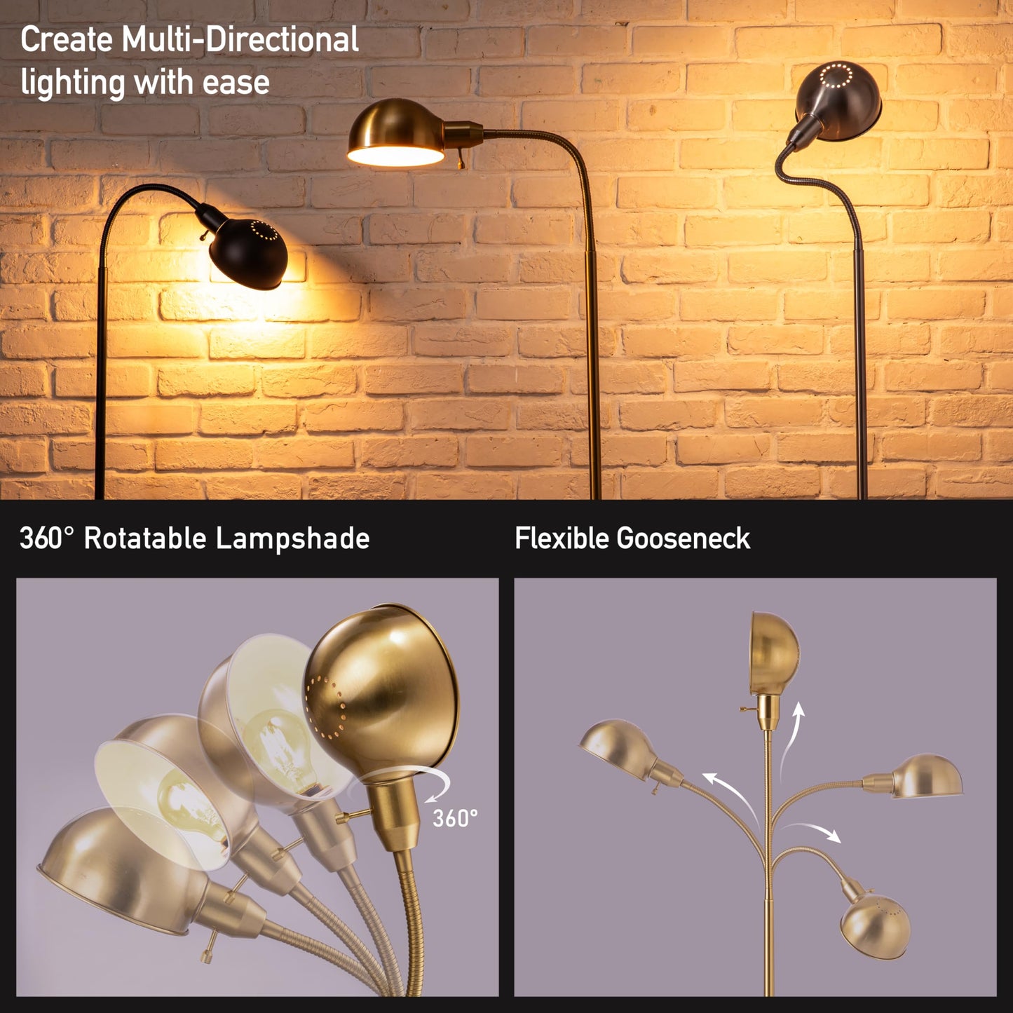 O'Bright Nova - Adjustable Floor Lamp with Flexible Gooseneck and Rotatable Shade, E26 Socket, 10-Inch Base - Ideal for Reading, Bedside, Living Room, Antique Brass
