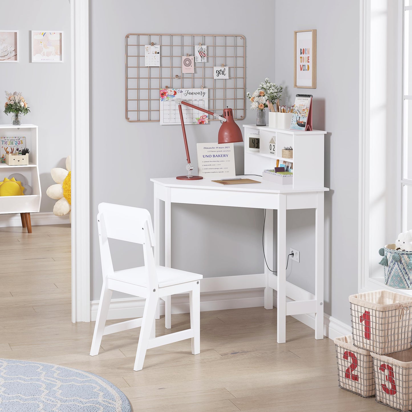 UTEX Kids Desk, Kids Corner Desk and Chair Set, Children Study Table with Storage and Hutch for Home School Use, White