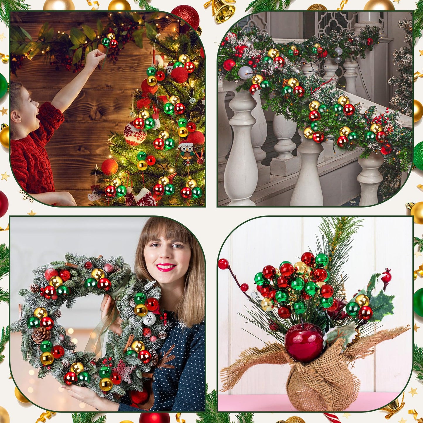 Syhood 12 Set 7.9 Inch Christmas Ball Picks and Sprays Shatterproof Xmas Red Green Gold Ball Ornaments on Wired Picks for Christmas Tree Vase Wreath Stairs Garland Decoration Supplies
