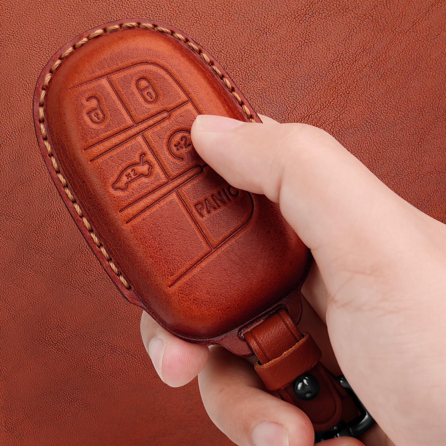 Tukellen for Jeep Key Fob Cover Leather,Leather Key Case Protector Compatible Jeep Grand Cherokee Renegade Chrysler 200 300 Dodge RAM Durango Challenger Journey Dart Fiat (only for Keyless go)-Brown