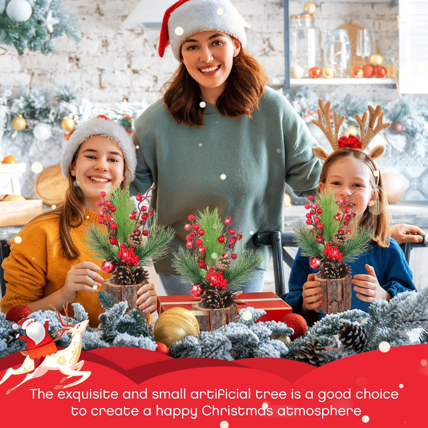 Solsew 3 Pcs 11 Inch Tabletop Christmas Tree Decorations with Christmas Ornaments Pine Cone Berry Bookshelf Decor for Holiday Room Party Winter Home Indoor Outdoor (Classic)