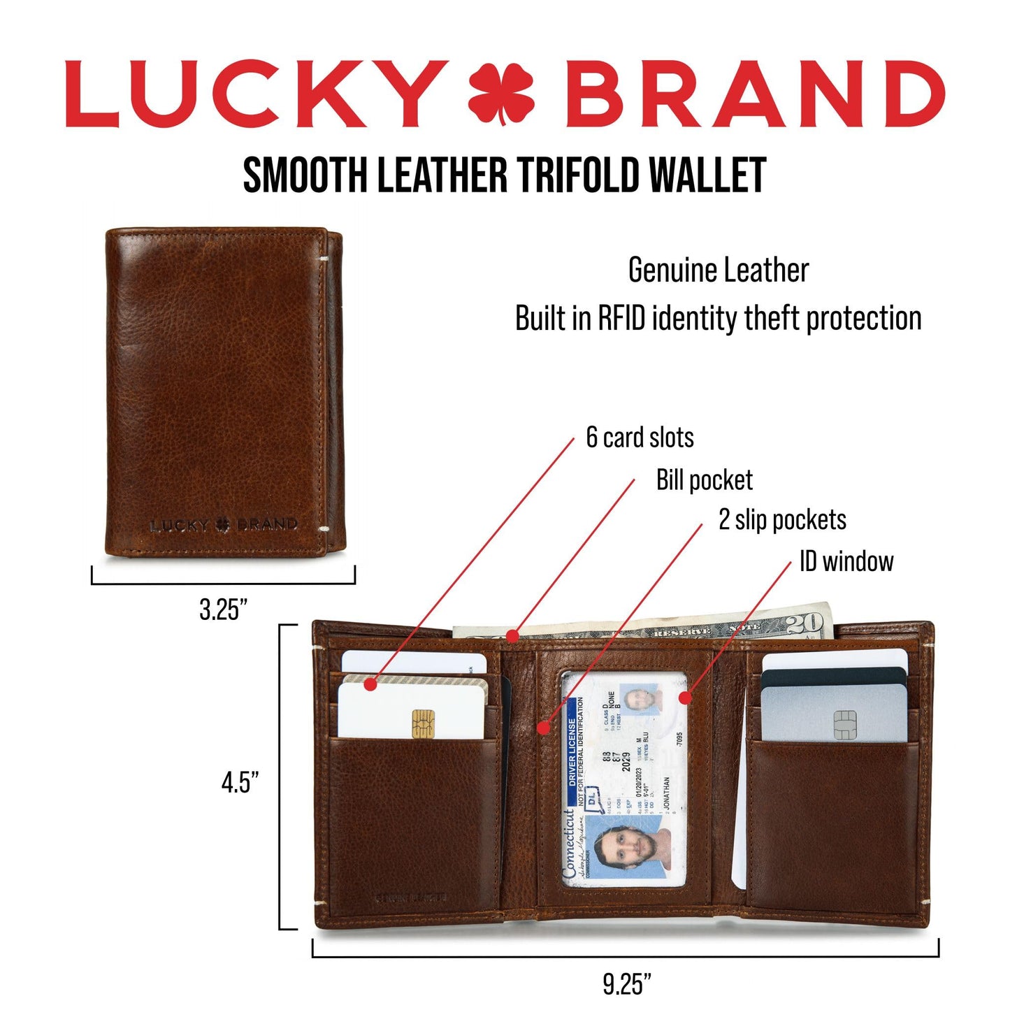 Lucky Brand Men's Smooth Leather Trifold Wallet - with RFID Blocking Lining, 6 Card Slots and Large Bill Pocket- Black