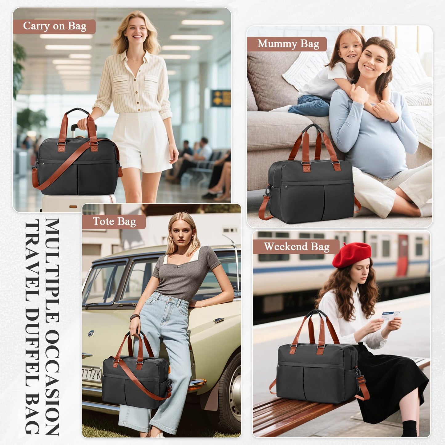 Expandable Personal Item Travel Duffle Bag Weekender Bag for Women Men, Overnight Hospital Carry On Bag with Toiletry Bag for Airplanes Travel Business Trips Sport,Black & Brown