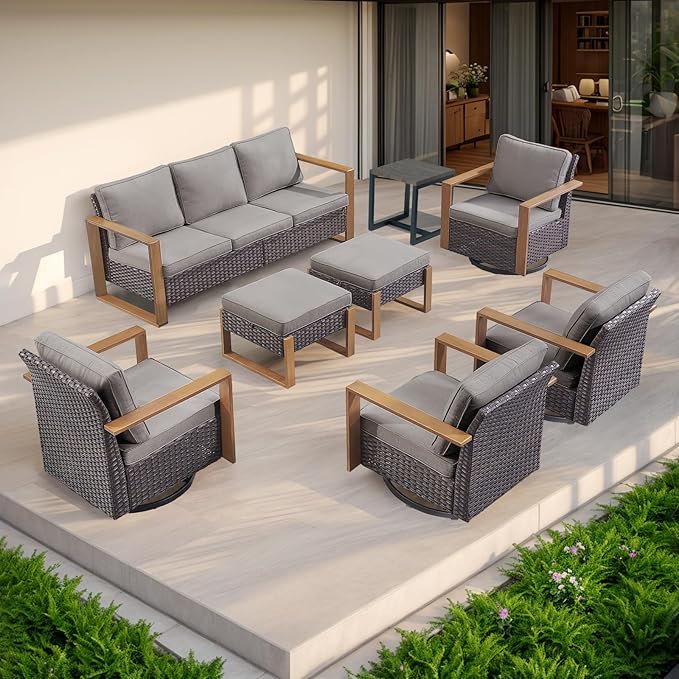 Rilyson Outdoor Wicker Patio Furniture Set - 4 Piece Patio Conversation Set with 2 Wicker Swivel Rocker Chairs,2 Rattan Ottoman, Thick Cushions, Deep Seating, Wide Armrest(Brown/Grey)