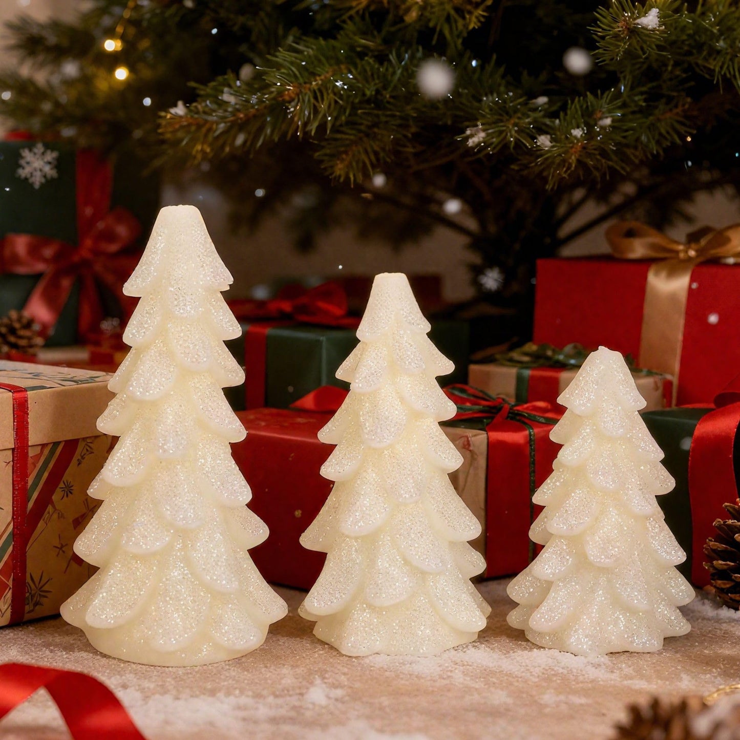 Peninpha 3Pcs Christmas Tree Candles with Remote Timer, Flickering Real Wax LED Flameless Candles Battery Operated for Xmas Winter Décor, White Glittering