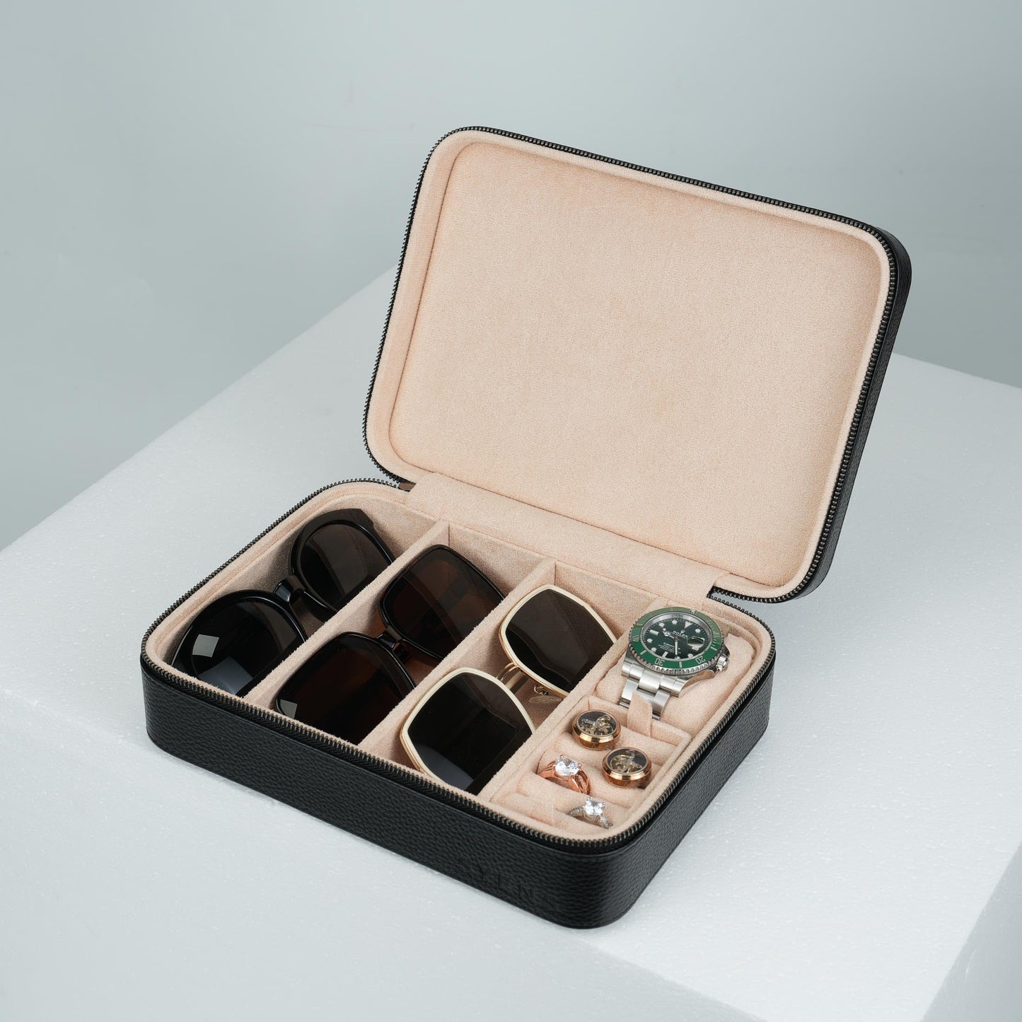 SYENS 4 Slot Sunglasses Travel Case, Real Leather Eyeglasses Storage Box, DIY Organizer Glasses/Jewelry/Watch Display Case for Women Men (4 slot_Black Leather)