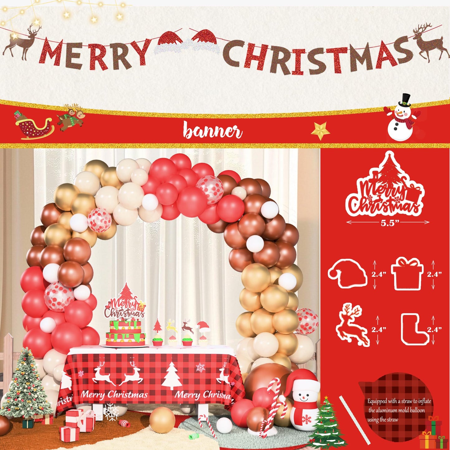 Merry Chirstmas Party Decorations, Christmas Decorations Set, Christmas Balloon Garland Banner Backdrop Tablecloth Toppers Snowflake Winter Santa Party Supplies for Indoor Outdoor Home Decor