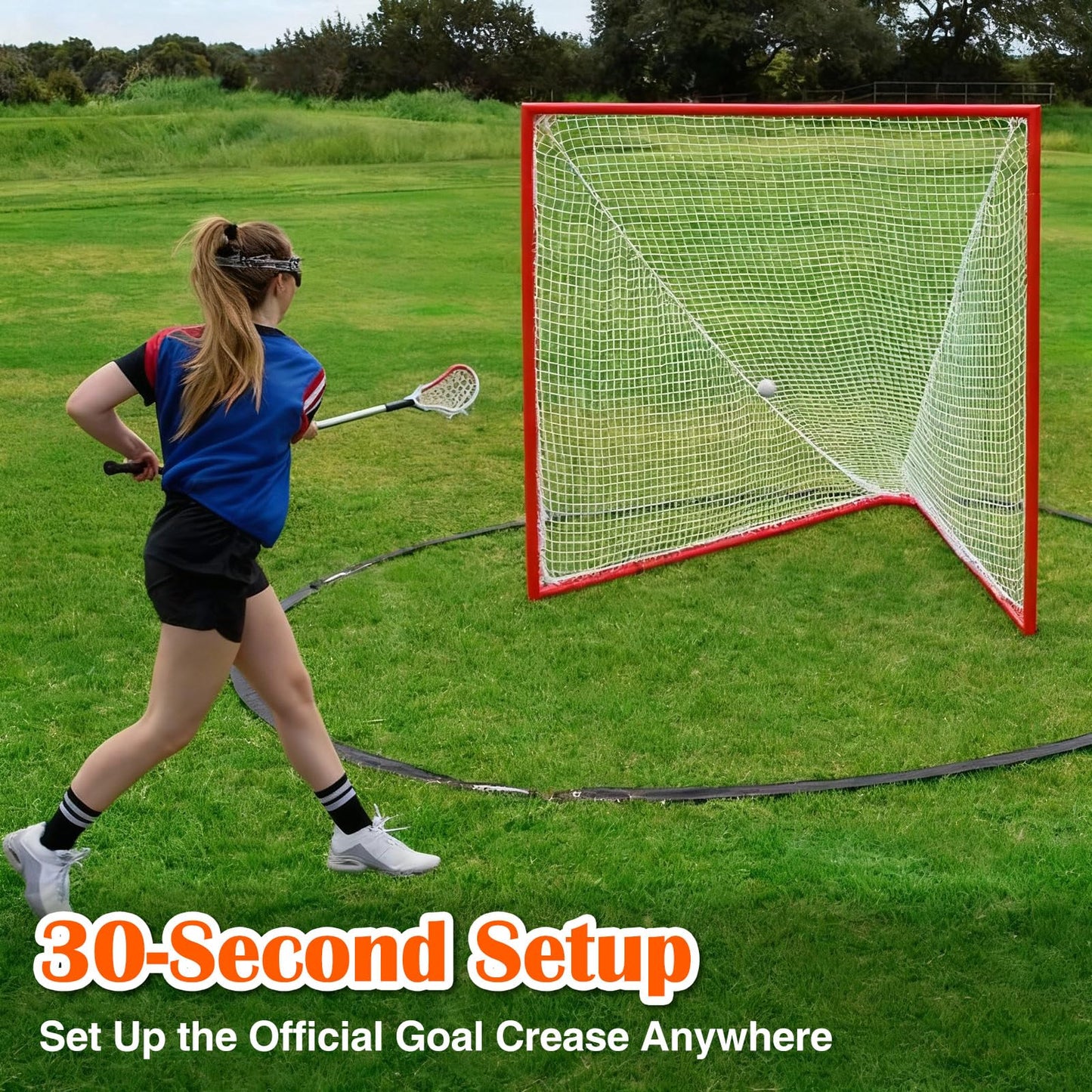 VioraWhite Portable Lacrosse Crease 17 ft, Women's Regulation Size Portable Lacrosse Goal, Weather Crease with Weights, Stakes and Carry Bag(Black)