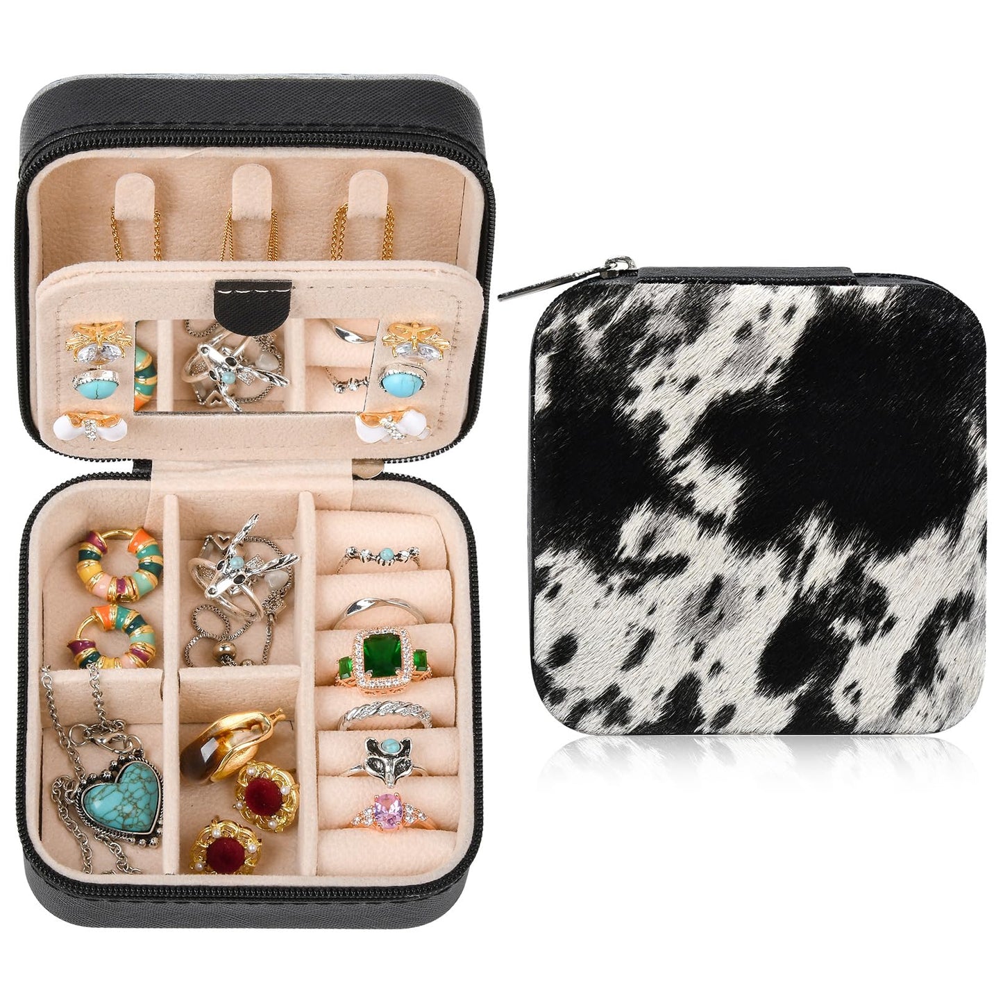 DEEKA Western Jewelry Box Case Real Leather Cow Print Cowhide Tooled Travel Jewelry Organizer Gifts Christmas Gifts for Women Country Girls Cowgirl Stuff Portable Travel Accessories -Black