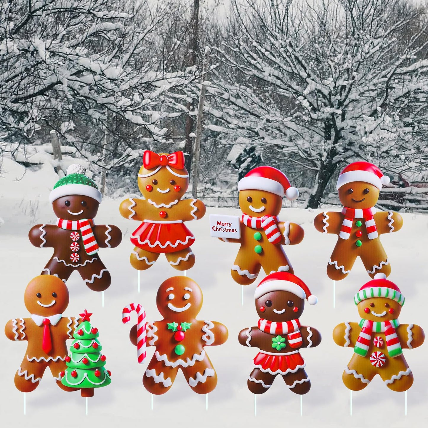 Memorywuu 8 Pcs Christmas Gingerbread Man Yard Signs with Stakes Outdoor 3D Gingerbread House Decoration Xmas Yard Stakes Lawn Signs for Christmas Holiday Pathway Garden Patio Party Favors(Classic)