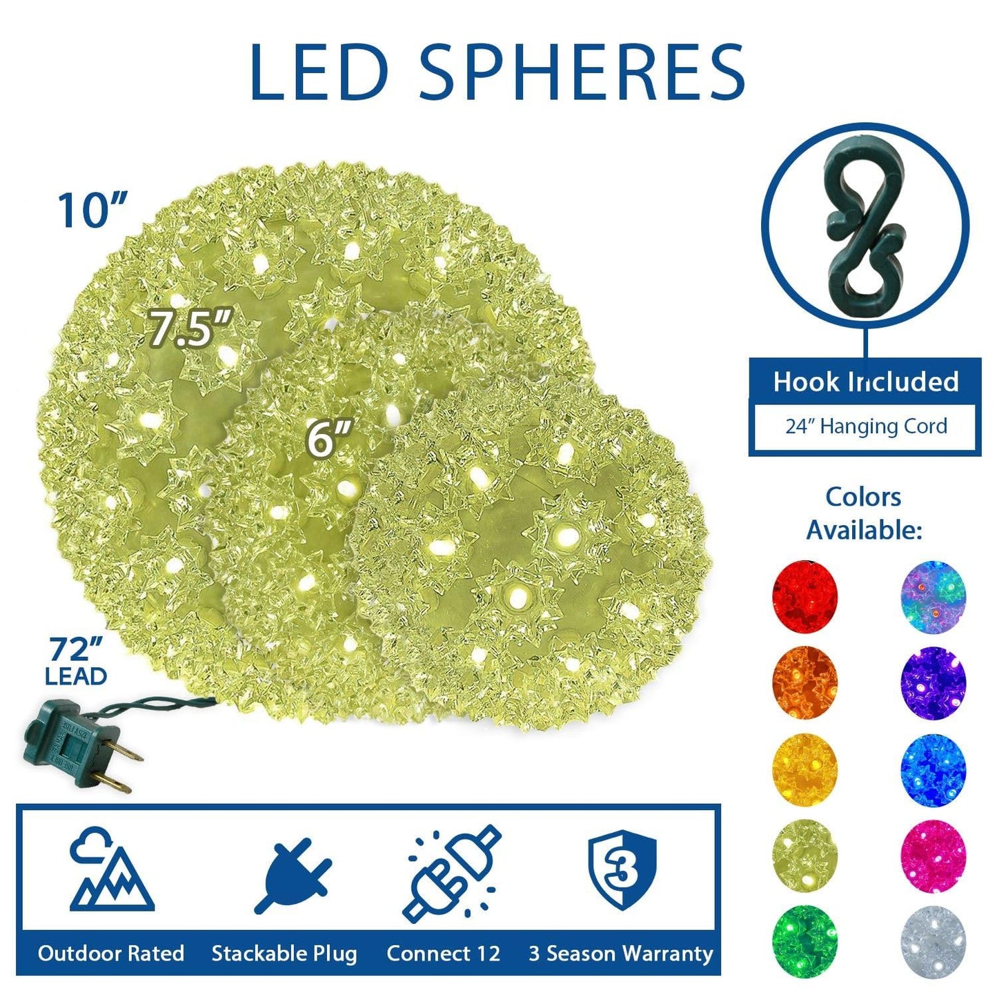 Novelty Lights LED 10in 150 Light Starlight Sphere, Yellow, Extra Large Ornament Ball Light, 5ft Hanging Cord with S Hook, 12ft Power Cord with Stackable Plug, Commercial Grade
