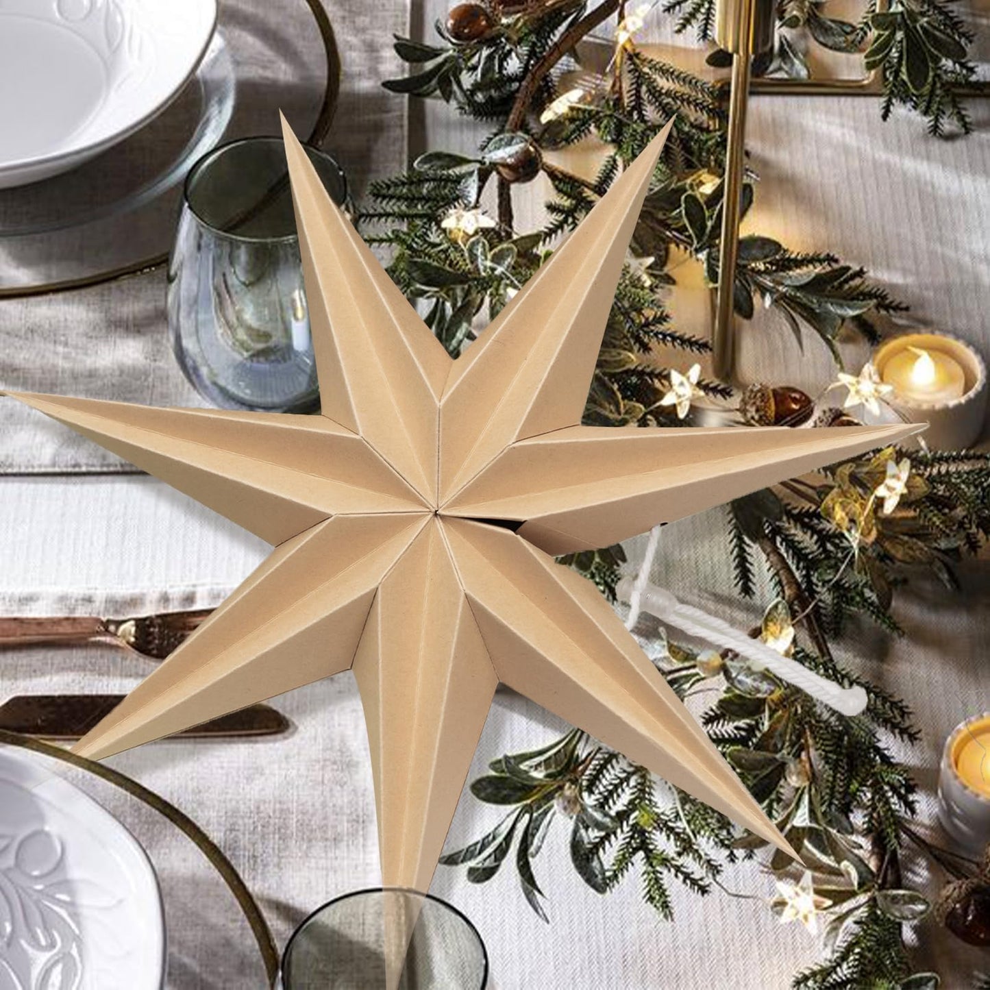 Christmas 3PCS 12inch 7-Pointed Wood Brown Paper Star Hanging Decoration Set Holiday Decor Stars Shape Landerne for Birthday Party Tree Xmas Home Decor