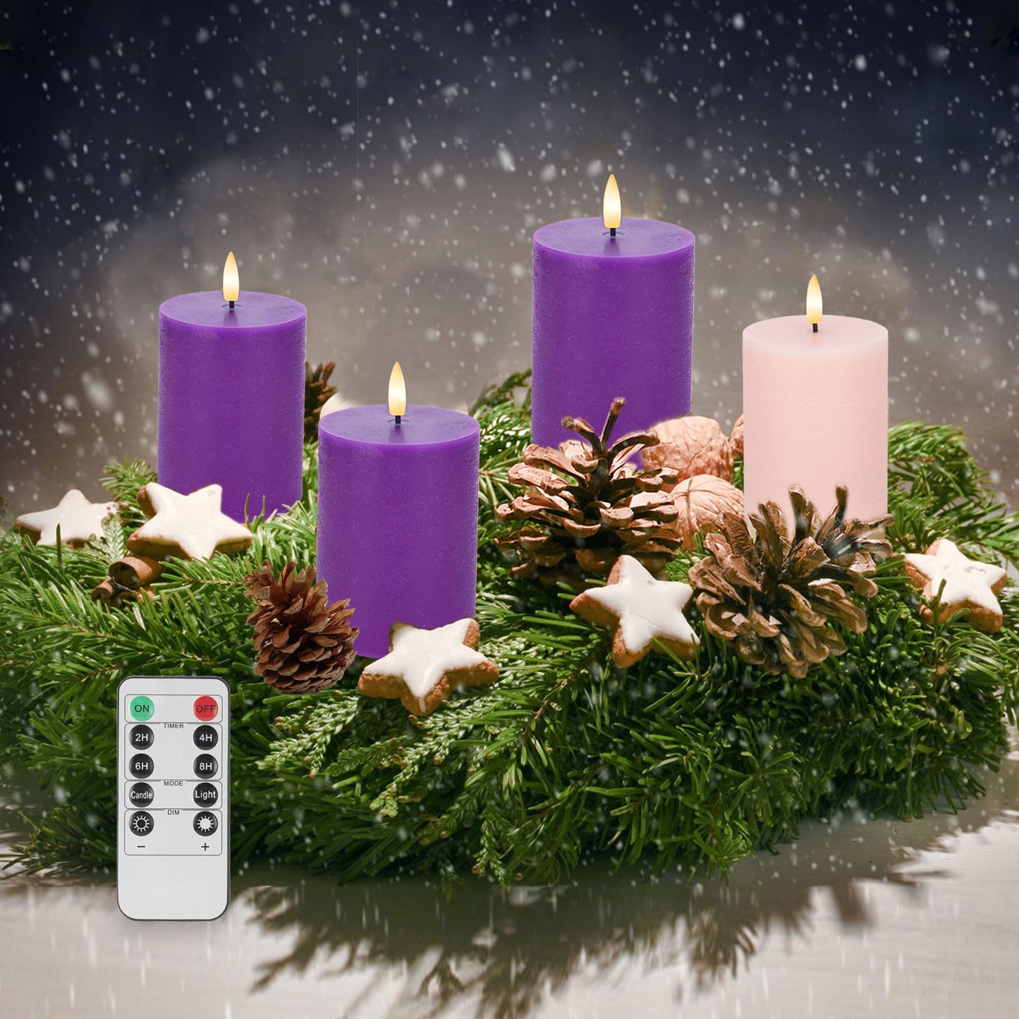 AFINETH Flamelss Advent Candles, Battery Operated Wax Pillar Candles with Remote, Flat Top Flickering Flameless Candles, LED Candles for for Christmas, Catholic, Advent, Wreath, Purple and Pink