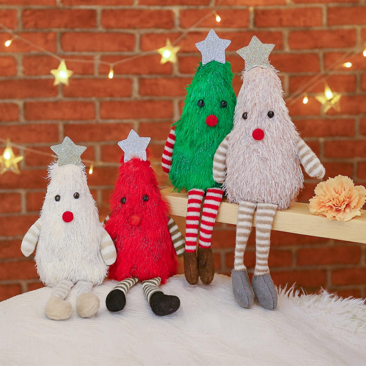 Beaver Rain Cat 4-Pack Christmas Tree Plush Dolls, Festive Stuffed Figurines with Striped Legs & Star Toppers for Holiday Decor