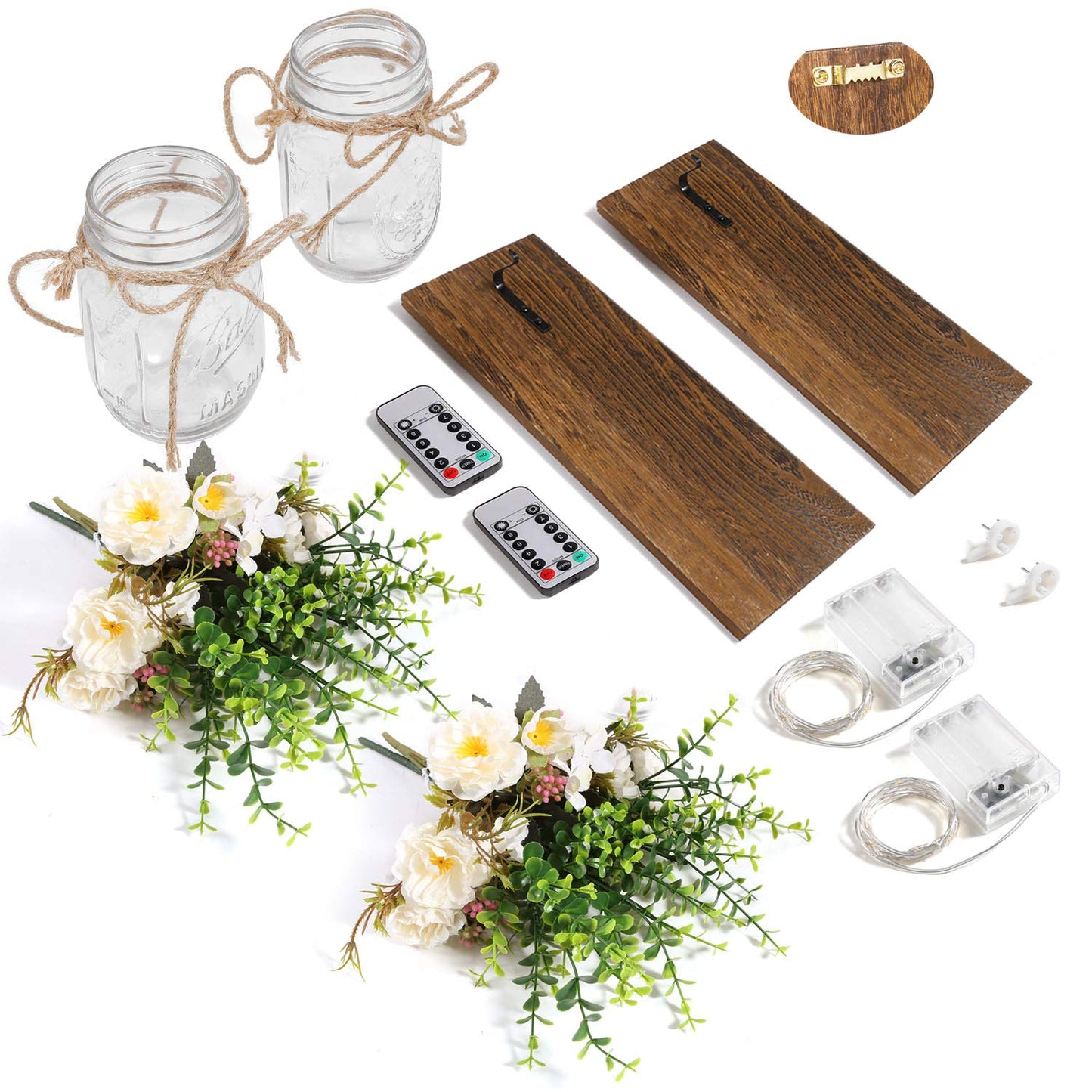 Rustic Wall Sconces Mason Jar Sconces Handmade Wall Art Hanging Design with Remote Control LED Fairy Lights and White Peony, Wall Decor Gift Farmhouse Wall Home Decor Living Room Lights Set of Two