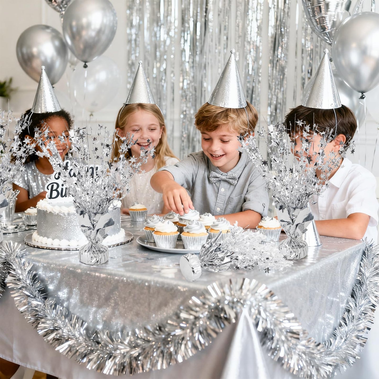 ZOOFOX 12 Pack Metallic Foil Spray Centerpiece, Glitter Silver Star Table Decoration, Burst Table Centerpieces for Birthday Wedding Anniversary Christmas Party Supplies Decor, Freestanding