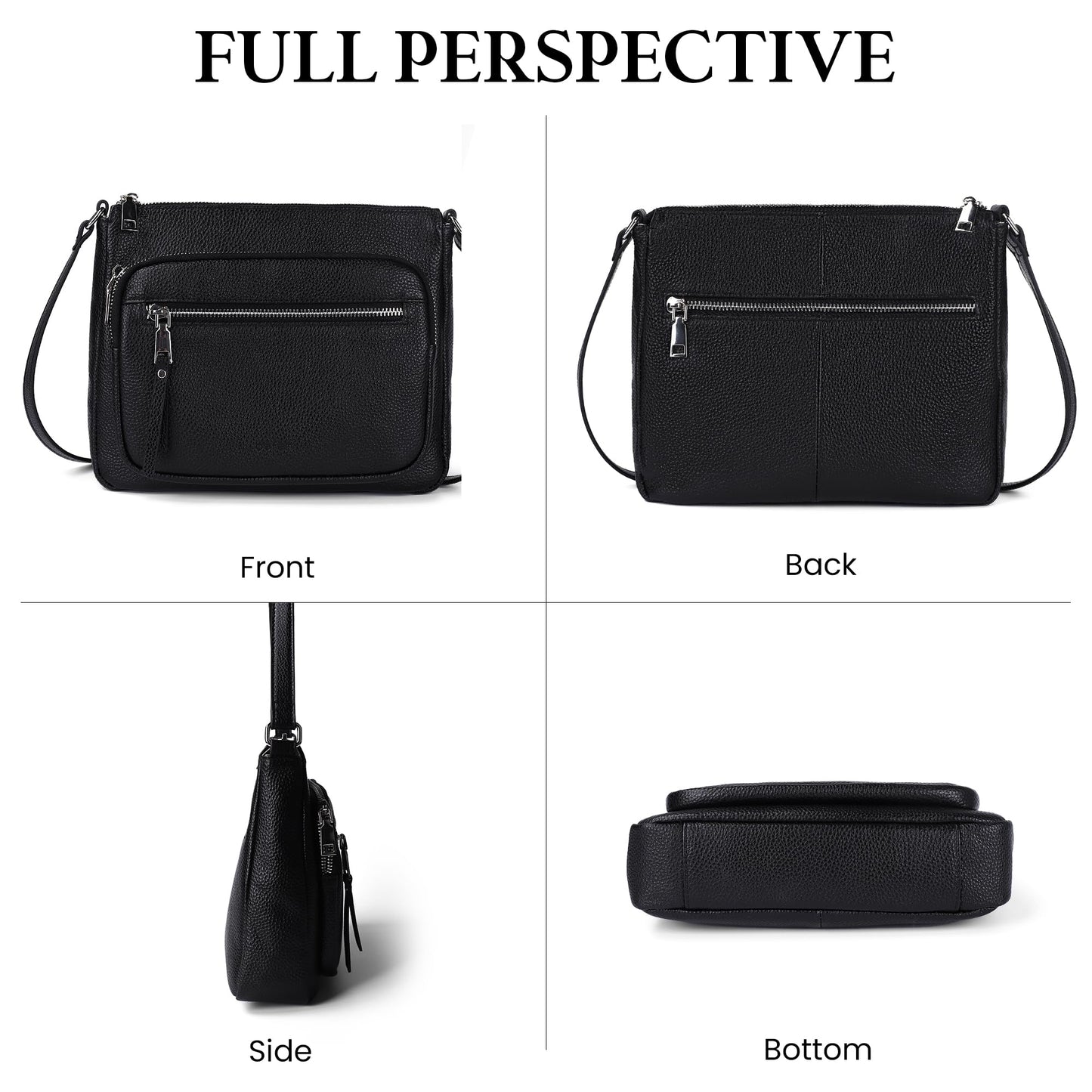 befen Genuine Leather Crossbody Bags for Women, Black Leather Purse with Built in Wallet, RFID Blocking Womens Handbag Shoulder Bag with Multi Zipper Pockets