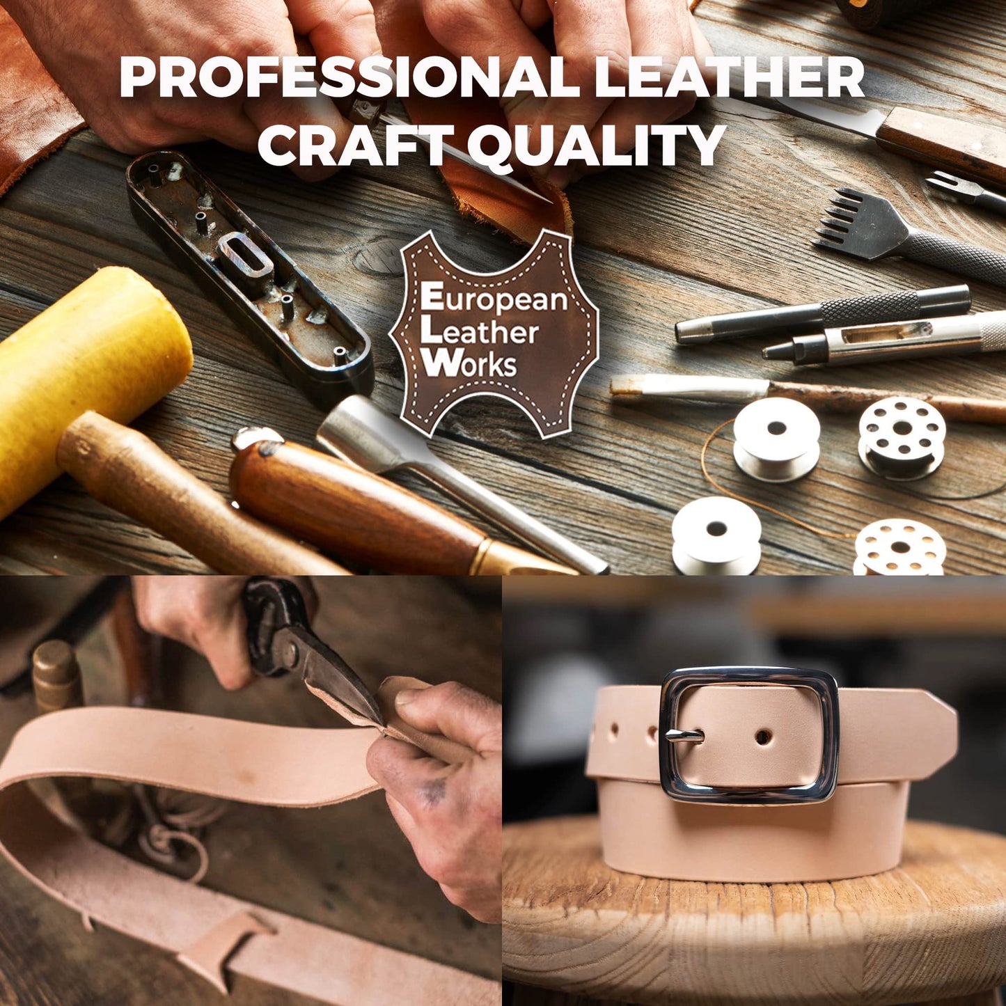 ELW Belt Blanks Strips/Straps 8/9 oz. (3.2-3.6mm) Thickness Size 1-1/4"x84" Full Grain Import Natural Cowhide Vegetable Tanned Leather for Tooling, Engraving, Embossing, Molding, & Dyeing