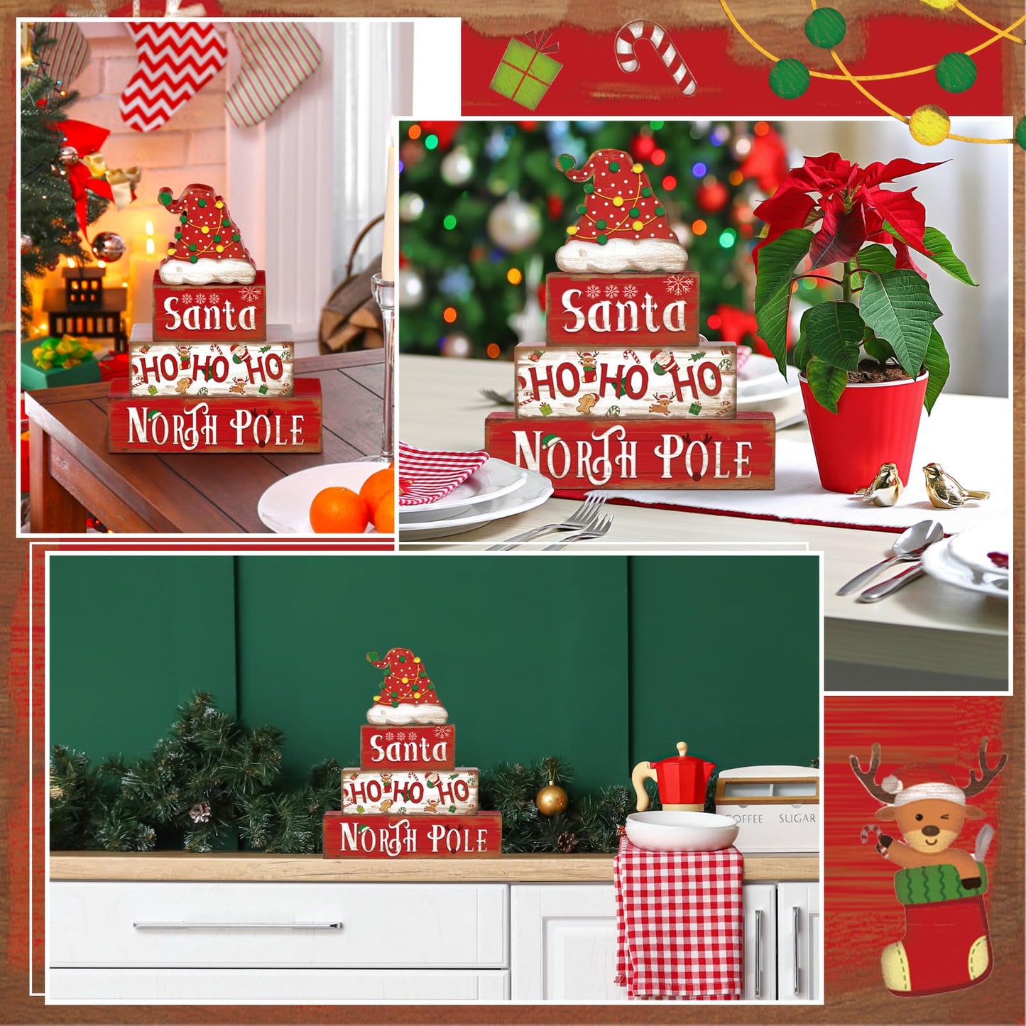 Moucuny 4 Pcs Christmas Table Sign Christmas Hat Wooden Decorative Signage Xmas Tiered Tray Decor Winter Centerpieces Farmhouse Wooden Block Set Xmas Table Sign for Home