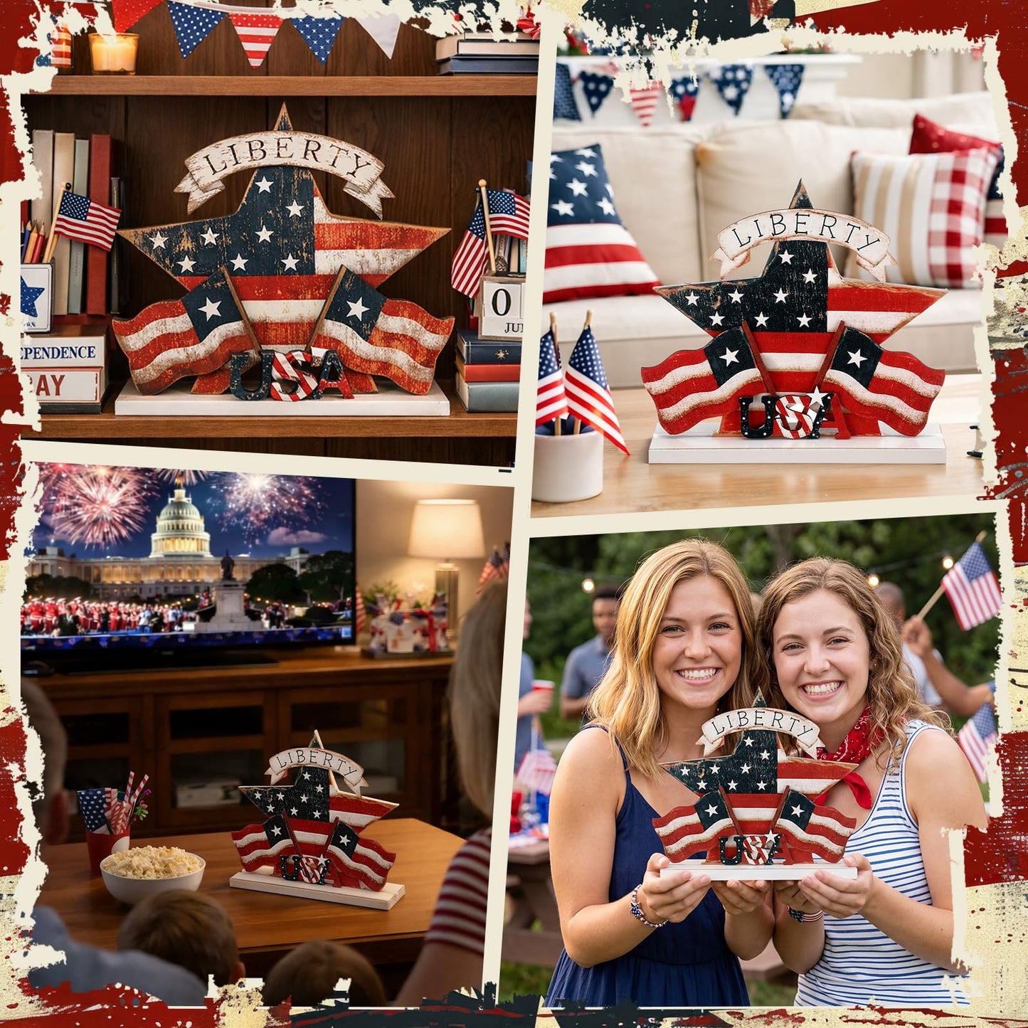 BrightRow 4th of July Wooden Star Table Decor Red White Blue Patriotic USA Liberty Star American Flag Tabletop Sign 250th Anniversary Rustic Table Tiered Tray Decor for Independence Day Memorial Day