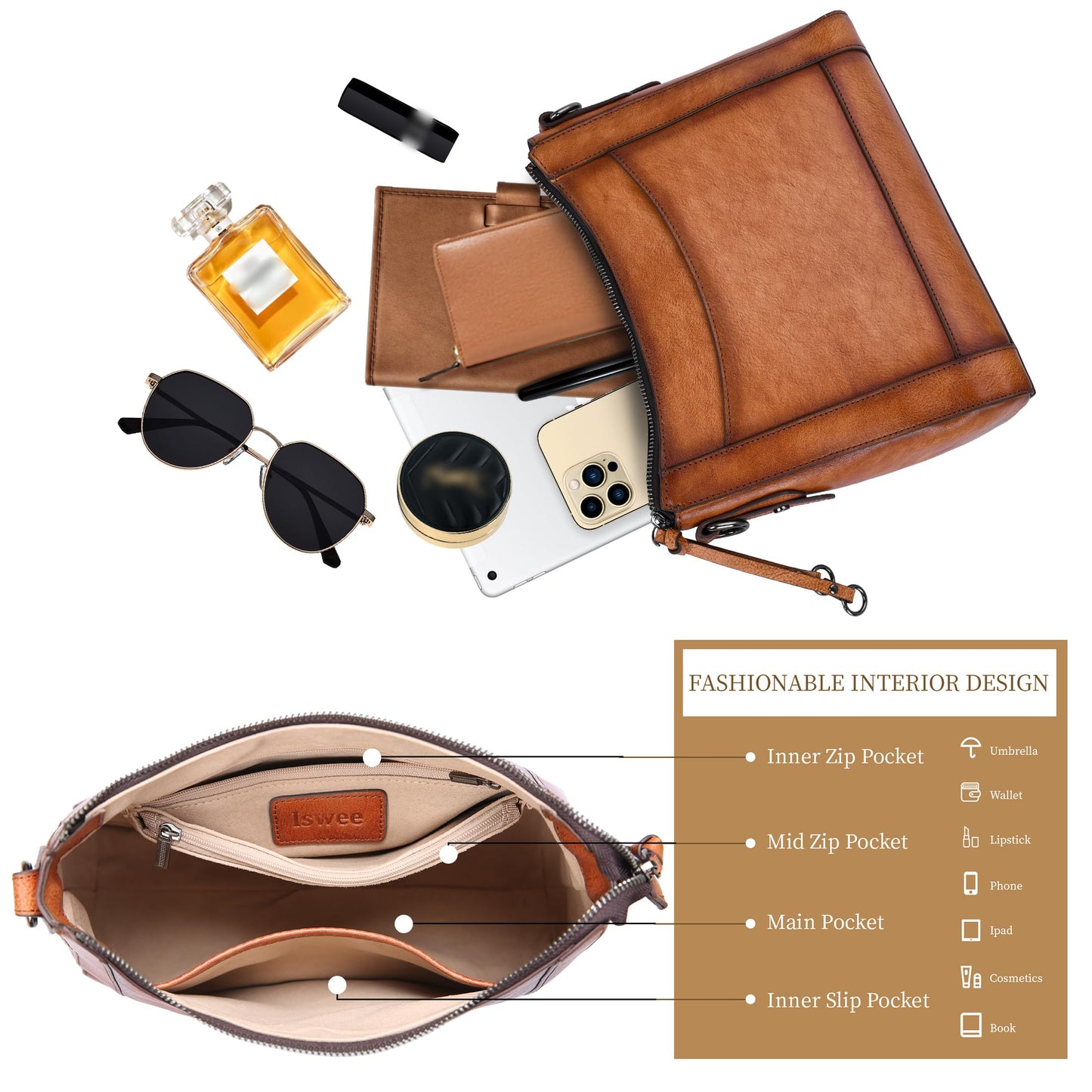 Iswee Leather Crossbody Bags for Women Shoulder Purse Medium Hobo Genuine Leather Satchel Purses and Handbags (Light Brown)