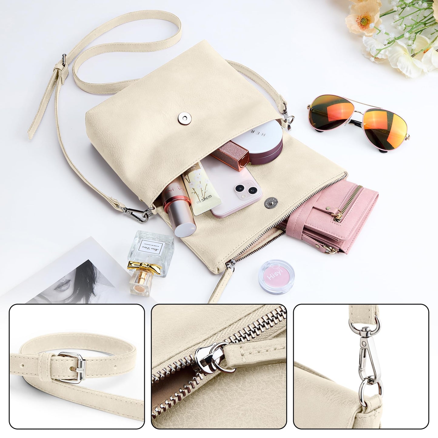 KALIDI Vintage Vegan Leather Crossbody Bag PU Shoulder Bag Handbag Multiple Pockets Adjustable Removable Strap Women