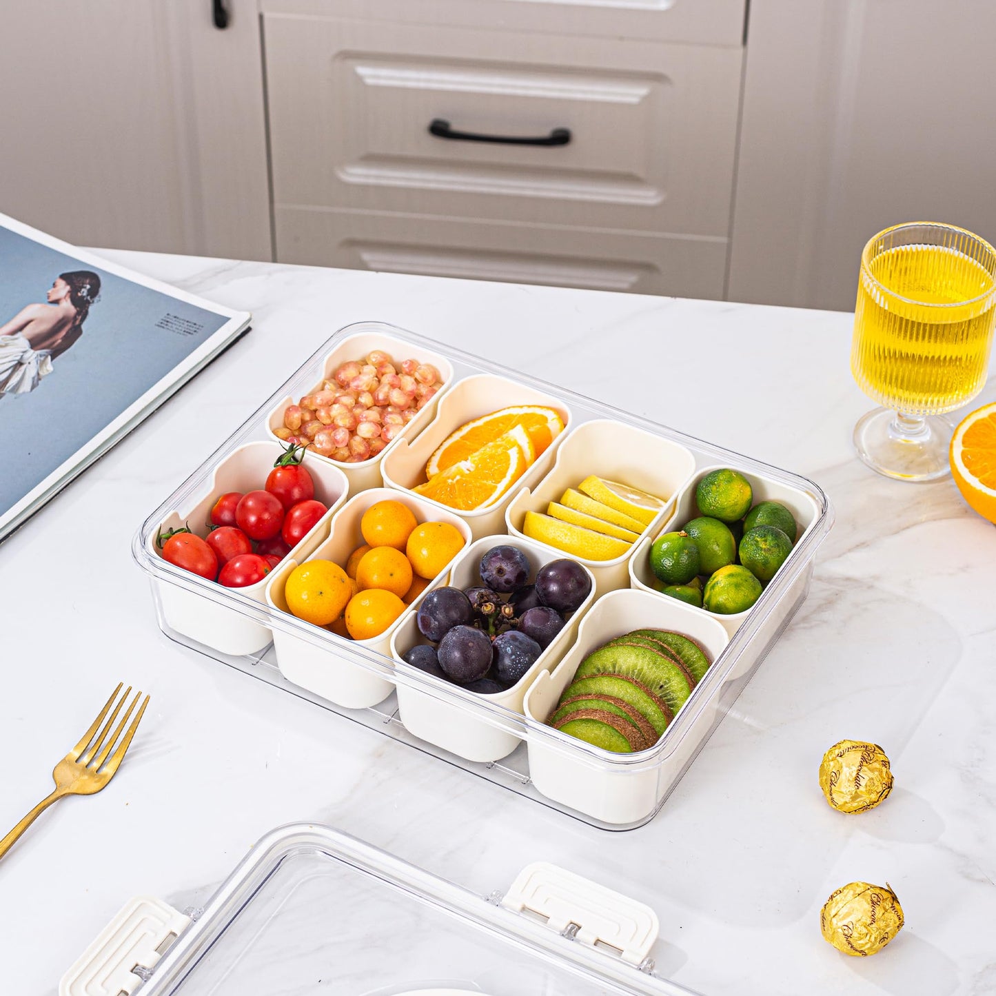 Dingerjar Divided Serving Tray with Lid and Handle - Snackle Box Charcuterie Container for Portable Snack Platters - Clear Organizer for Candy, Fruits, Nuts, Snacks - Perfect for Party, Entertaining