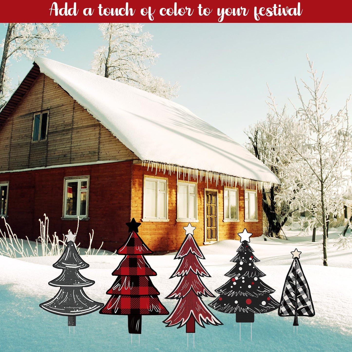 5 PCS Christmas Tree Yard Signs - Outdoor Lawn Sign Decorations with Stakes for Xmas Winter Party Porch Lawn Walkway Decor