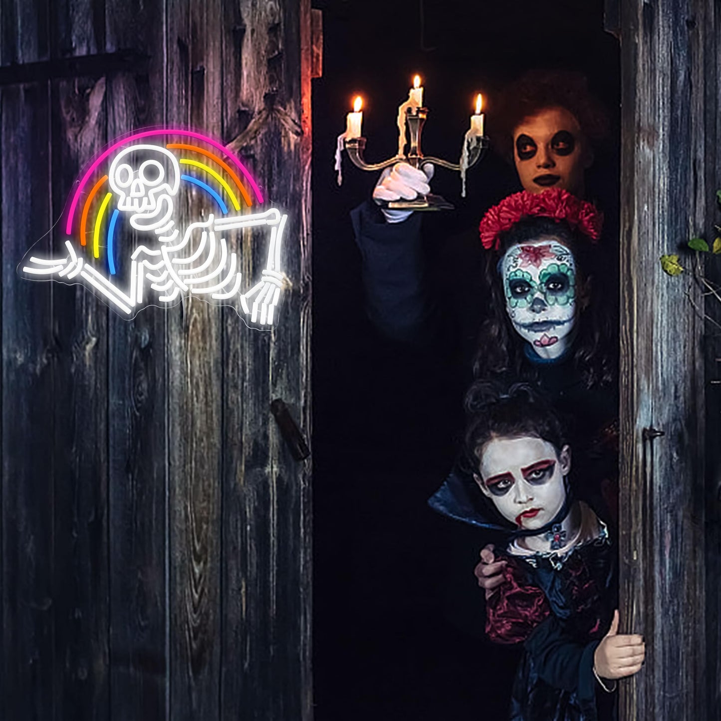 JLEWUINH Rainbow Skeleton Halloween Neon Sign Welcoming Skull Led Neon Light Colorful Rainbow Light Up Sign for Halloween Party Christmas Bedroom Man Cave Game Room(16.5 * 12.5in)