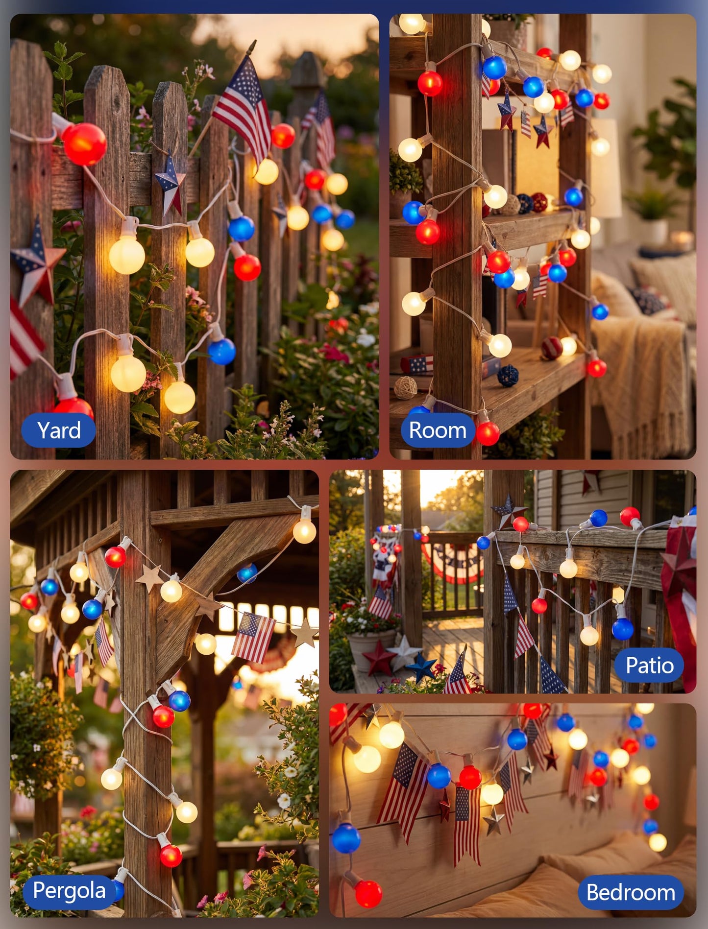 SUNSGNE Red White Blue 4th of July Patriotic Decorative Lights 50FT Outdoor String Lights with 27 G40 LED Bulbs(2 Spare) for Outdoor Indoor Holiday, Party, Independence Day Decor