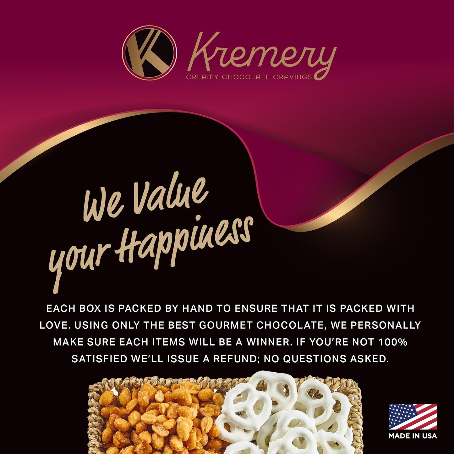 KREMERY Creamy Chocolate Cravings Chocolate Covered Pretzels, Nuts, Candy & Caramel Popcorn (Classic, 1.5 lbs) Sweet Treats in Seagrass Tray with Ribbon Kosher Arrangement