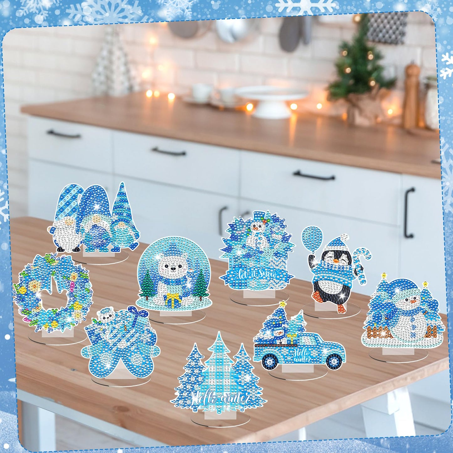 9pcs Winter Diamond Art Tabletop Decoration Winter Diamond Painting Desktop Ornament Christmas Tree Craft Kit Snowman Deer Truck Gnome Xmas Painting Sign Set for DIY Adults Gifts Party Decor