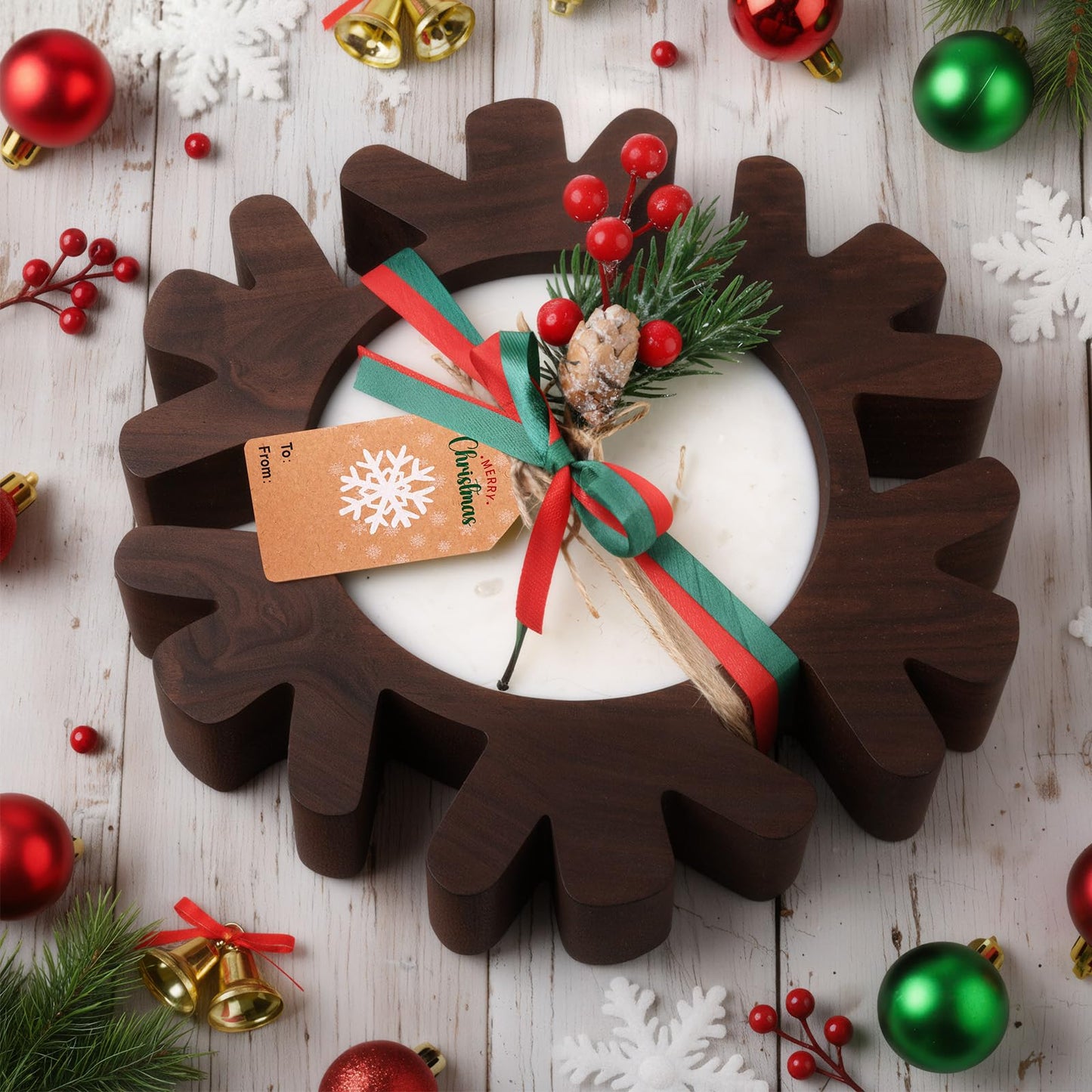 Potchen 1 Set Wooden Christmas Bowl Candle Gifts 14oz Large Rustic Wood Christmas Dough Bowl Candle with Berries Pine Label for Xmas Farmhouse Table Centerpiece Decor, 11.81 x 9.84 in(Snowflake)