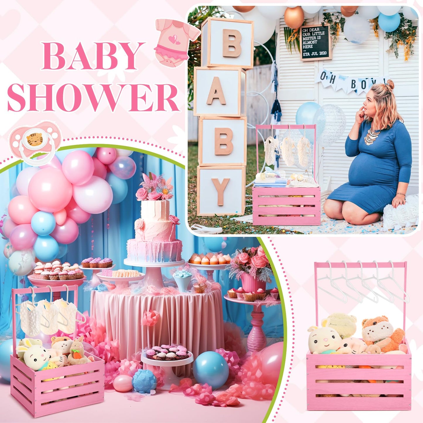 Suzile Wooden Baby Shower Crate Closet Wood Basket for Gifts with Handle Boy Girl Clothes Gender Reveal Storage Box for Newborn New Parent(Pink)