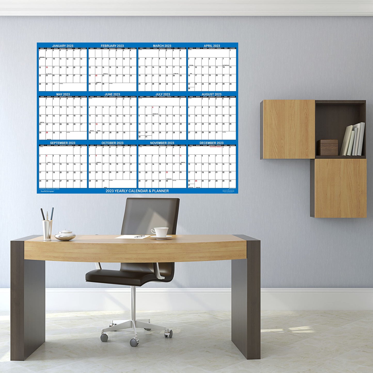32" x 48" SwiftGlimpse 2026 Wall Calendar Erasable Large XL Wet & Dry Erase Laminated 12 Month Annual Yearly Wall Planner, Reversible, Navy