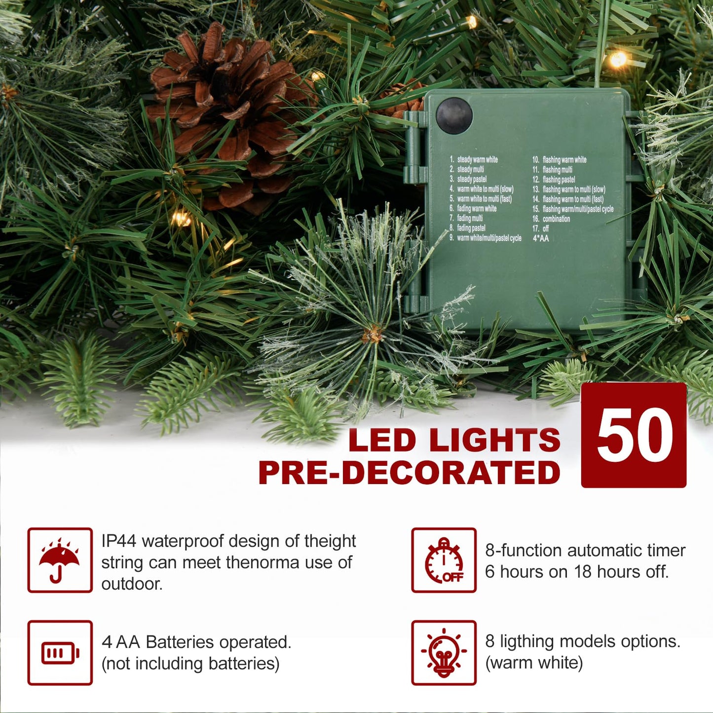 9FT Prelit Artificial Christma Garland with Dual Color LED Lights and Timer by Remote Control and Batteries Operated, Home Mantle Stairs Railing Fireplace Outdoor Indoor Wall