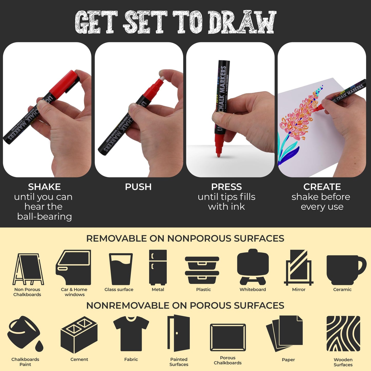 Bandle B. Chalk Markers - 24 Vibrant, Erasable, Non-Toxic, Water-Based, Reversible Tips. For Glass or Chalkboard Markers for Businesses, Restaurants, Liquid Drawing Chalk (Vibrant 6mm)