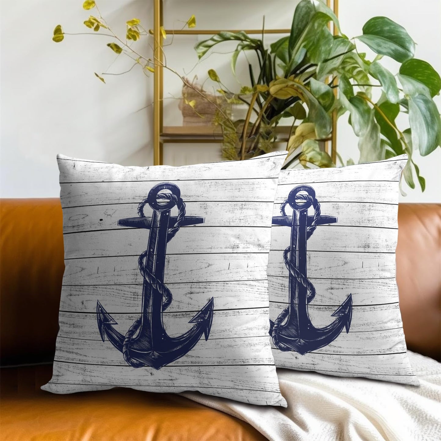 Imiss Nautical Anchor Throw Pillow Covers 16 X 16 Inch Set of 2 Navy Blue Pillow Cover Soft Cotton Home Decorative Cushion Covers for Outdoor Sofa Bedroom Car