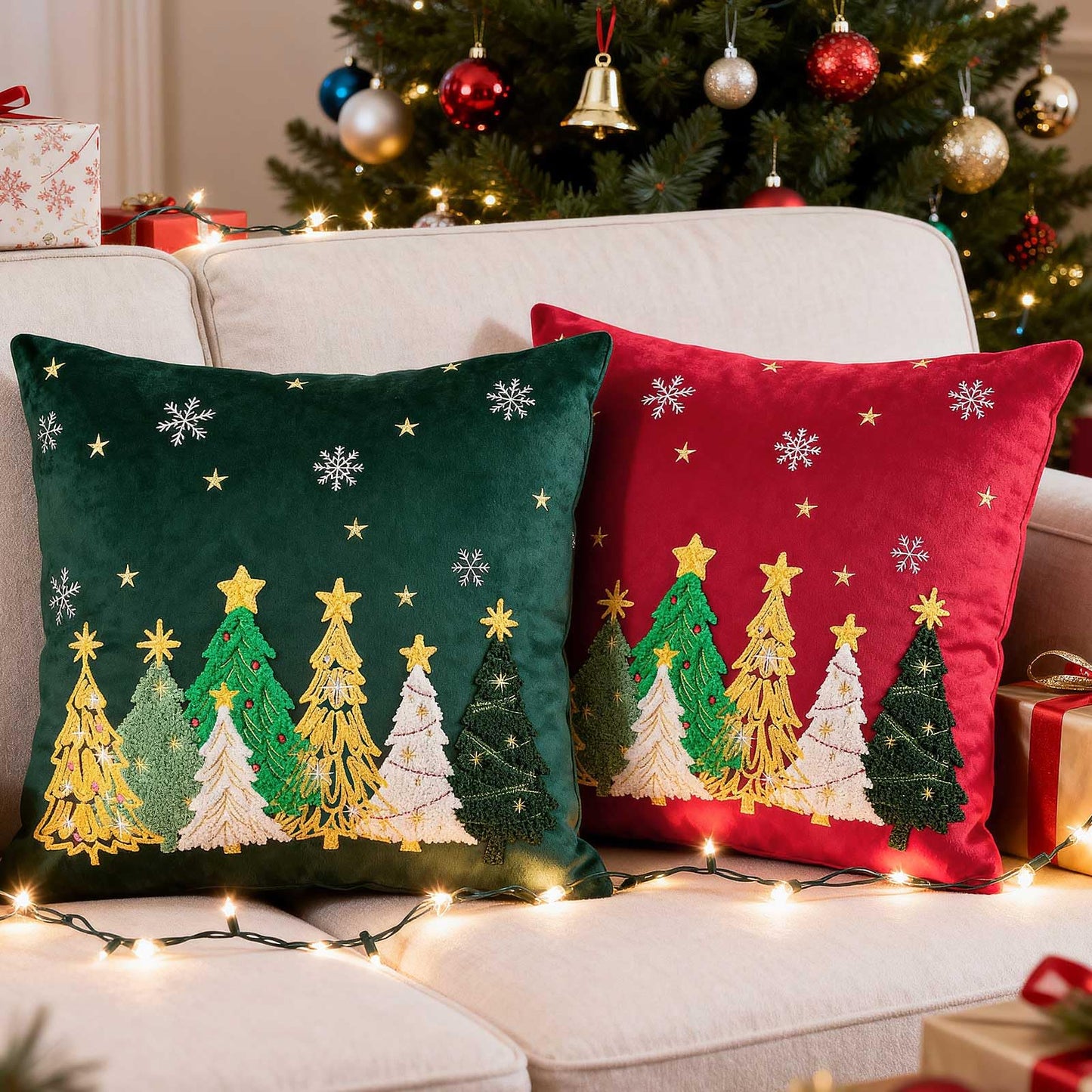 Lanpn 18x18 Christmas Pillow Covers Set of 2, Embroidery Cute Christmas Tree Decorative Holiday Pillowcase Pillow Case Cushion 18 x 18 for Indoor Home Bedroom Sofa Couch Xmas Decor